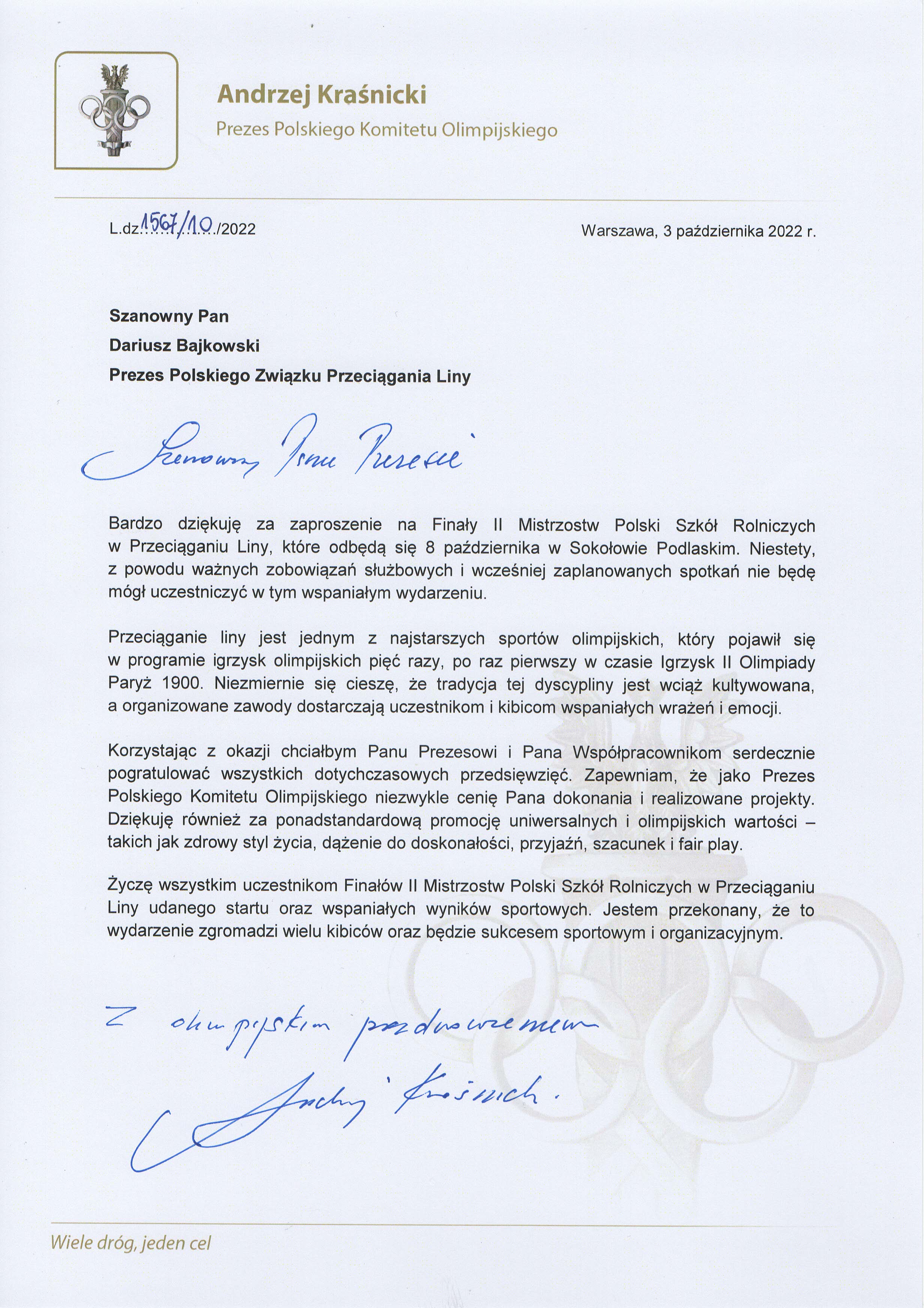 list od prezesa pkol andrzeja krasickiego do prezesa pzpl dariusza bajkowskiego